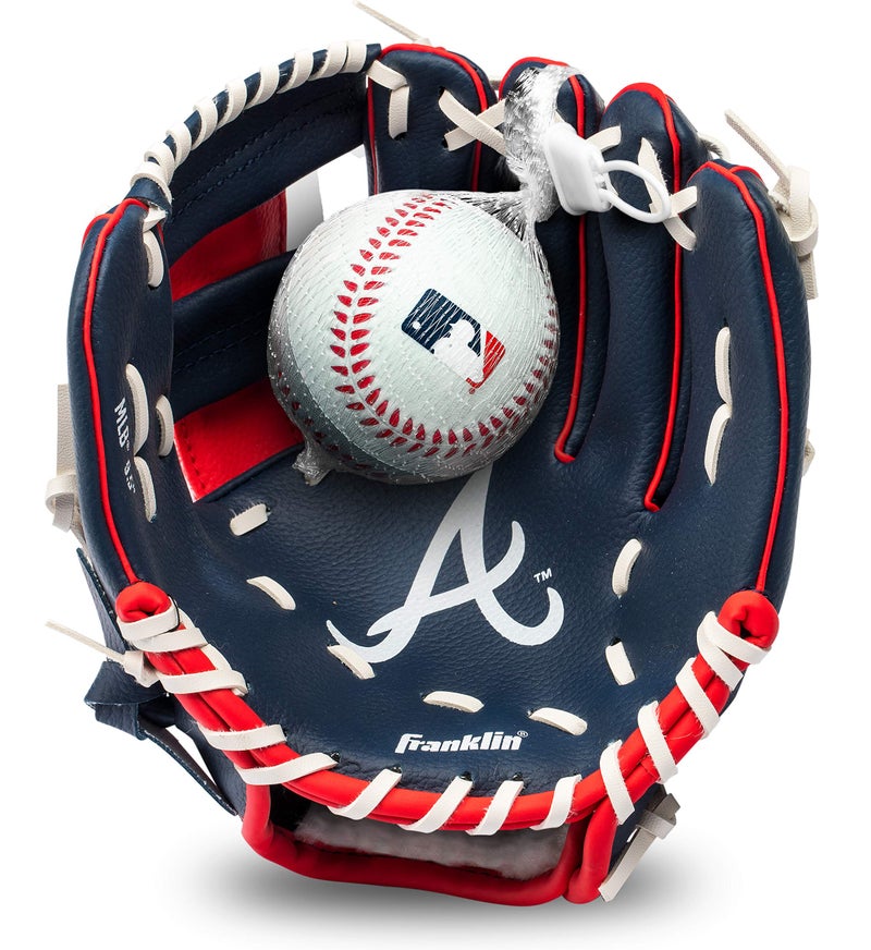 Franklin Sports مجموعة قفاز وكرة تيبال من فرانكلين سبورتس MLB للأطفال - قفاز وكرة بيسبول وتيبال للأطفال أتلانتا برافز - قفاز مثالي للأطفال - 9.5" - Image 1
